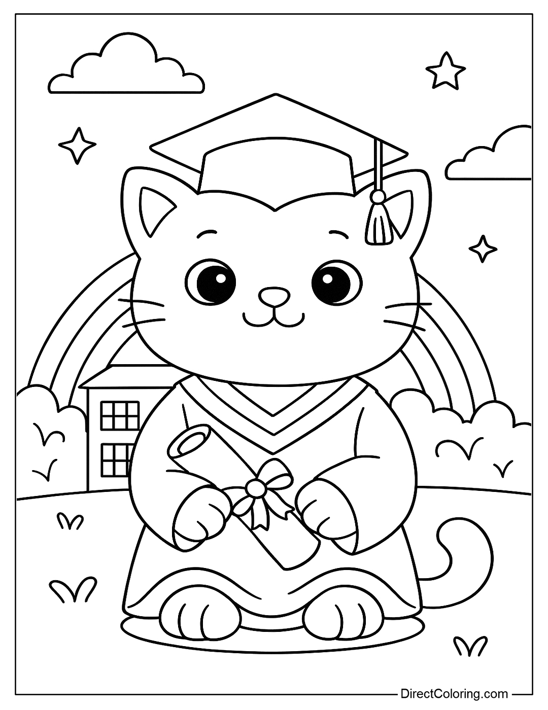 coloring page of a cat wearing a graduation cap, holding a certificate, sitting in the middle of the school yard
